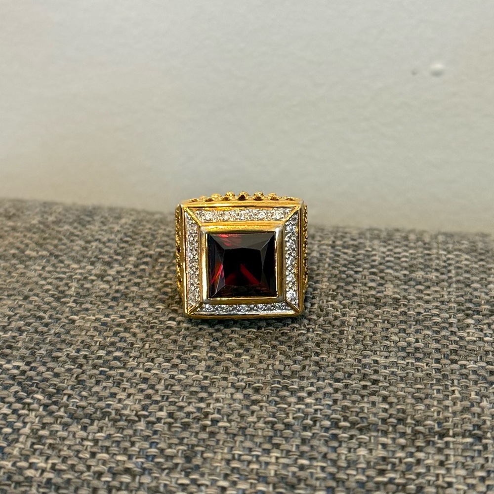 Square Garnet Gold Plated Sterling Silver 925 Pave Men’s Apostle Clergy Ring 7